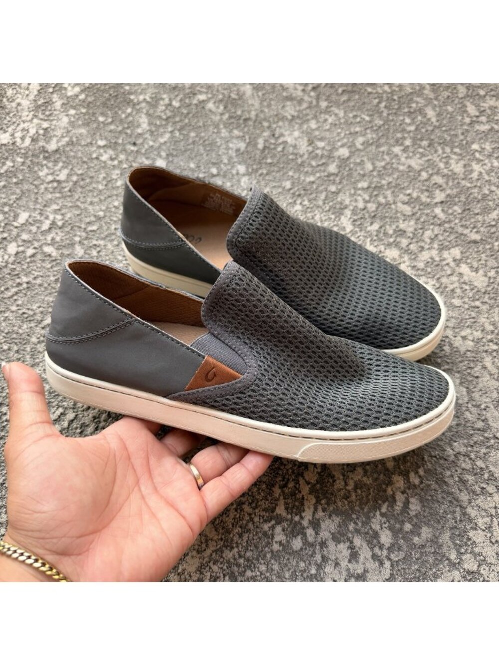 OluKai Pehuea Slip On Shoes Womens 9 39 Gray Pavement Perfurated Comfort Sneaker